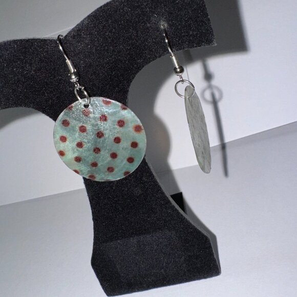 Round Blue and Brown Capiz Shell Dangle Earrings - Picture 4 of 8